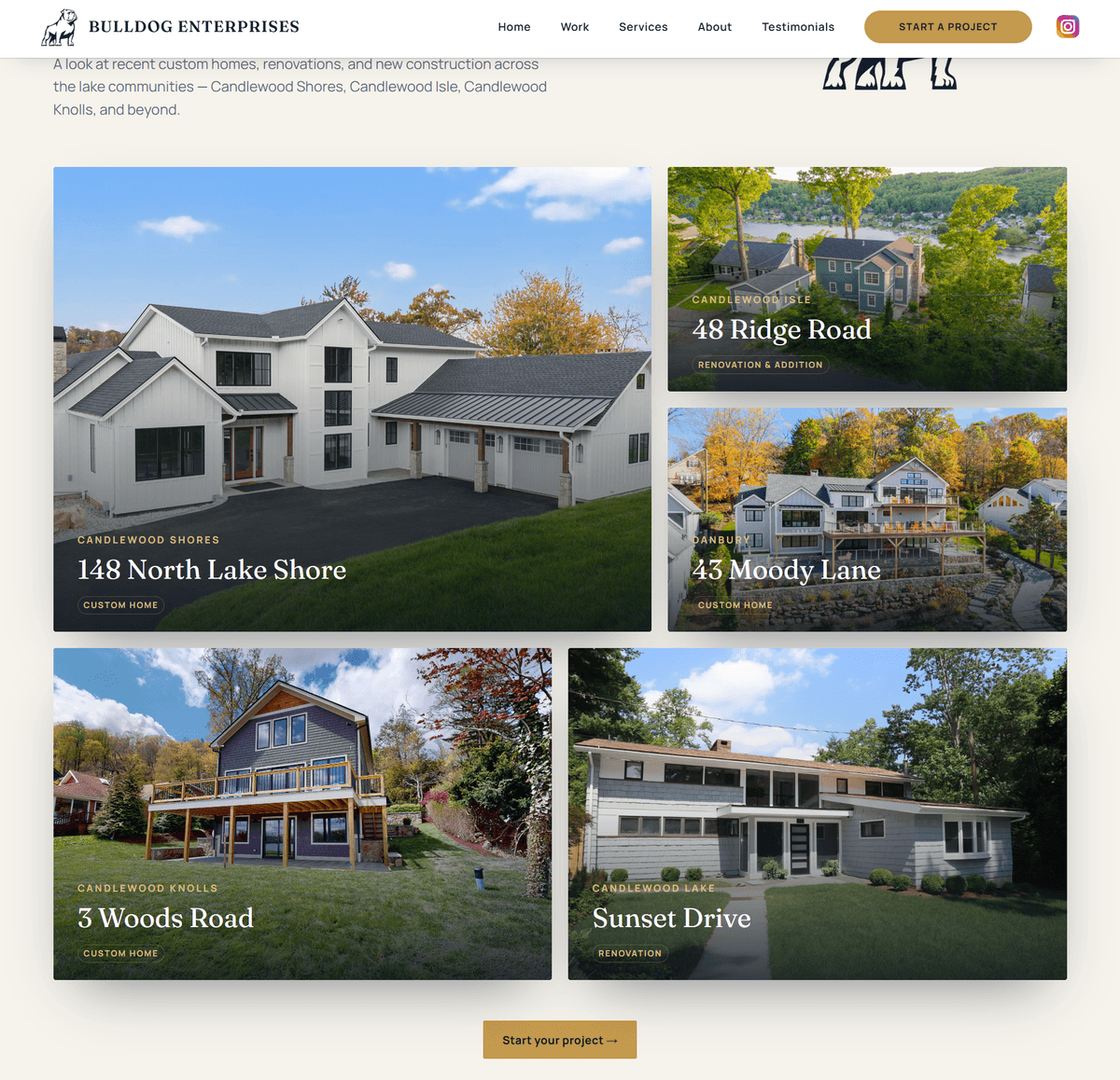 The Bulldog Enterprises work index — a grid of custom home projects, each with its town and project type