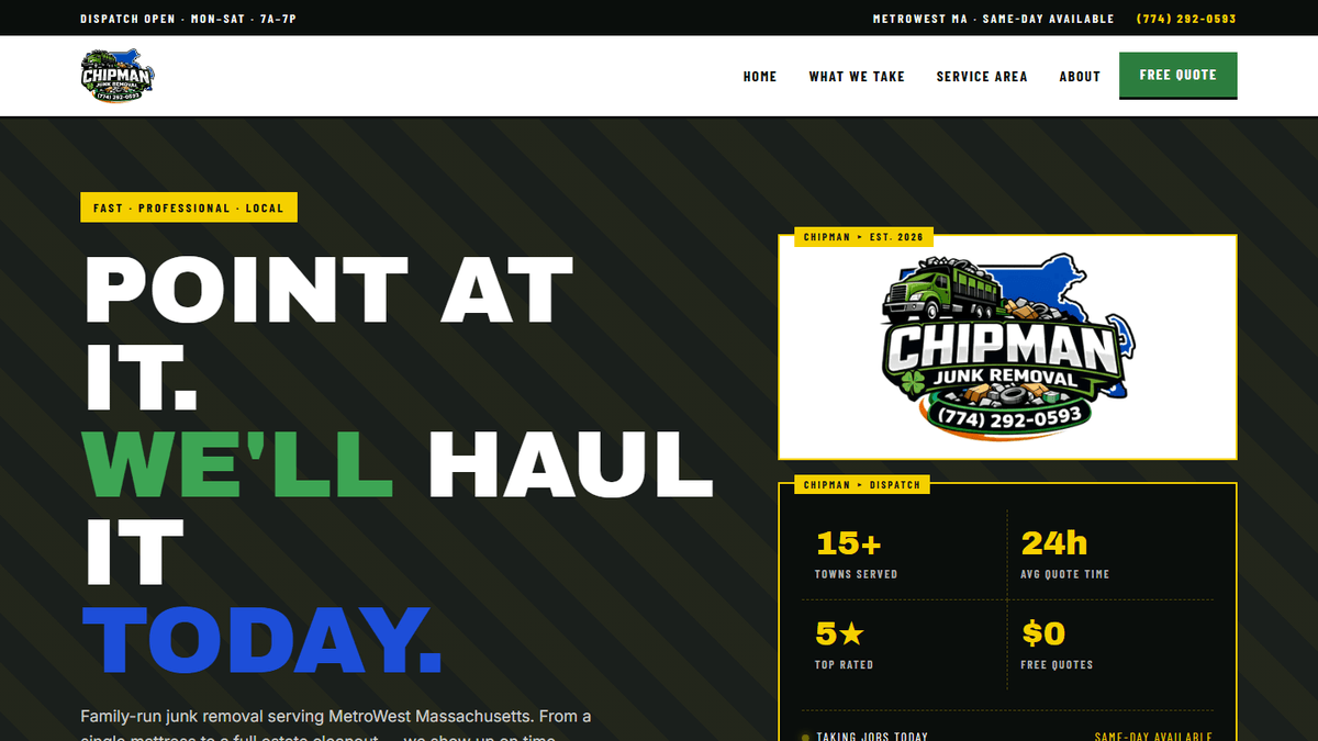 Chipman Junk Removal website hero — point at it, we'll haul it today