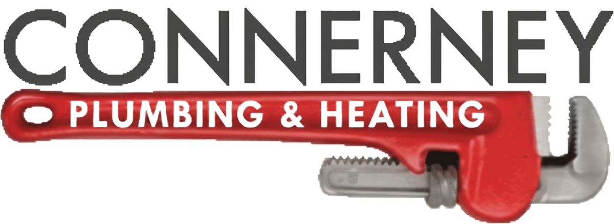 Connerney Plumbing and Heating lockup: CONNERNEY in charcoal capitals above a red pipe wrench lying on its side, with PLUMBING & HEATING knocked out through the wrench handle