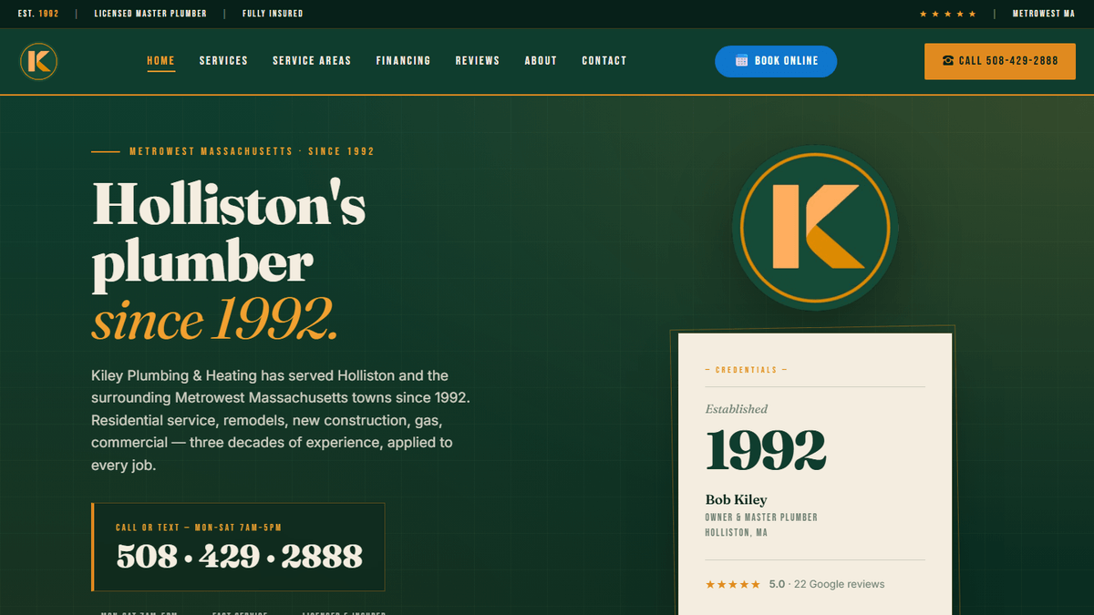 Kiley Plumbing & Heating website hero — Holliston's plumber since 1992