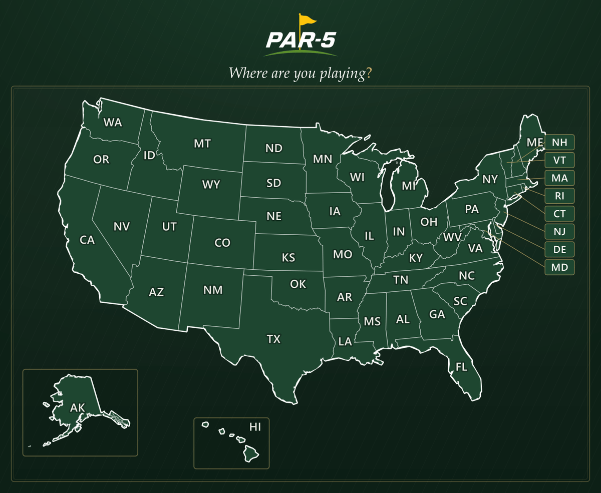 Par-5 national course map — all fifty states, with Alaska and Hawaii inset frames and a callout rail for the small eastern states