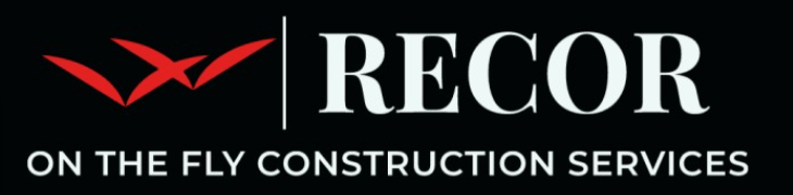 RECOR Development wordmark — RECOR in white with a red mark, on the black field the logo carries itself