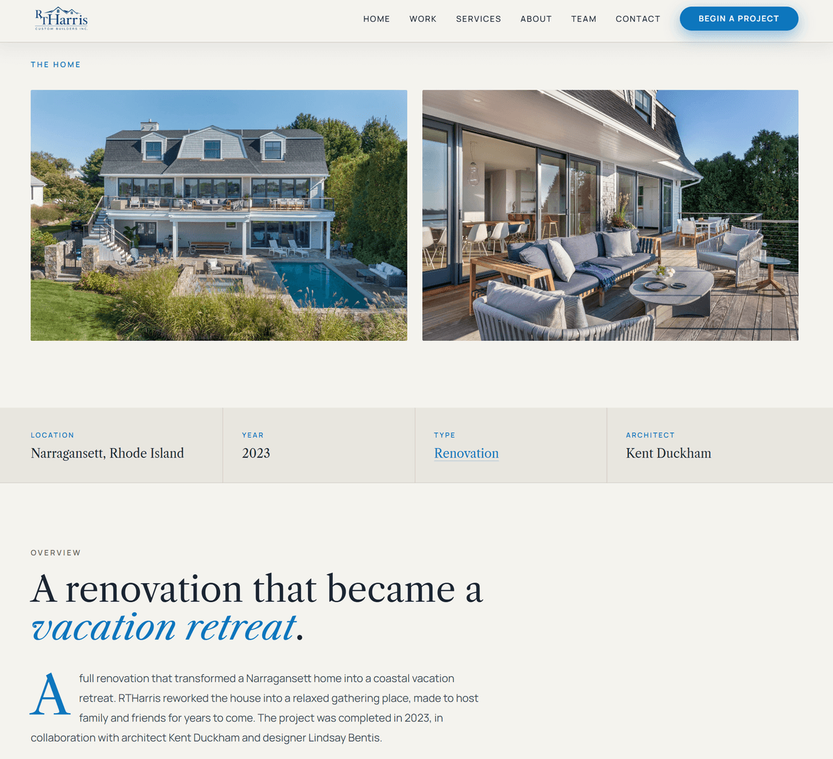 Further down the same RTHarris project page — paired photography above a strip carrying location, year, type and architect, then the written overview
