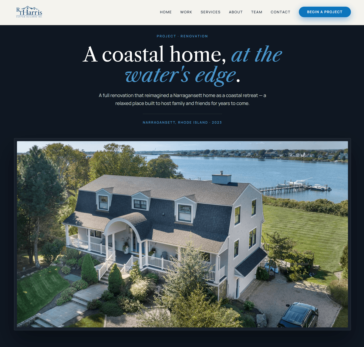 An RTHarris project page opening on a single large photograph of a coastal home at the water's edge