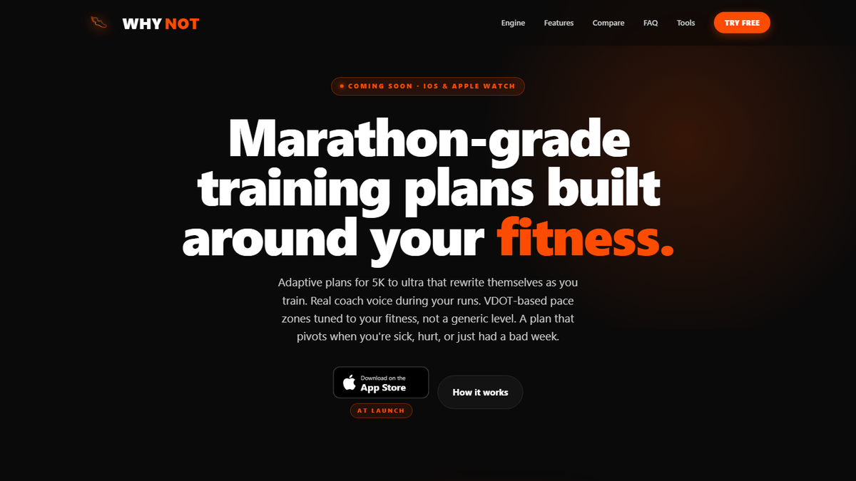 Why Not Run website hero — marathon-grade training plans built around your fitness
