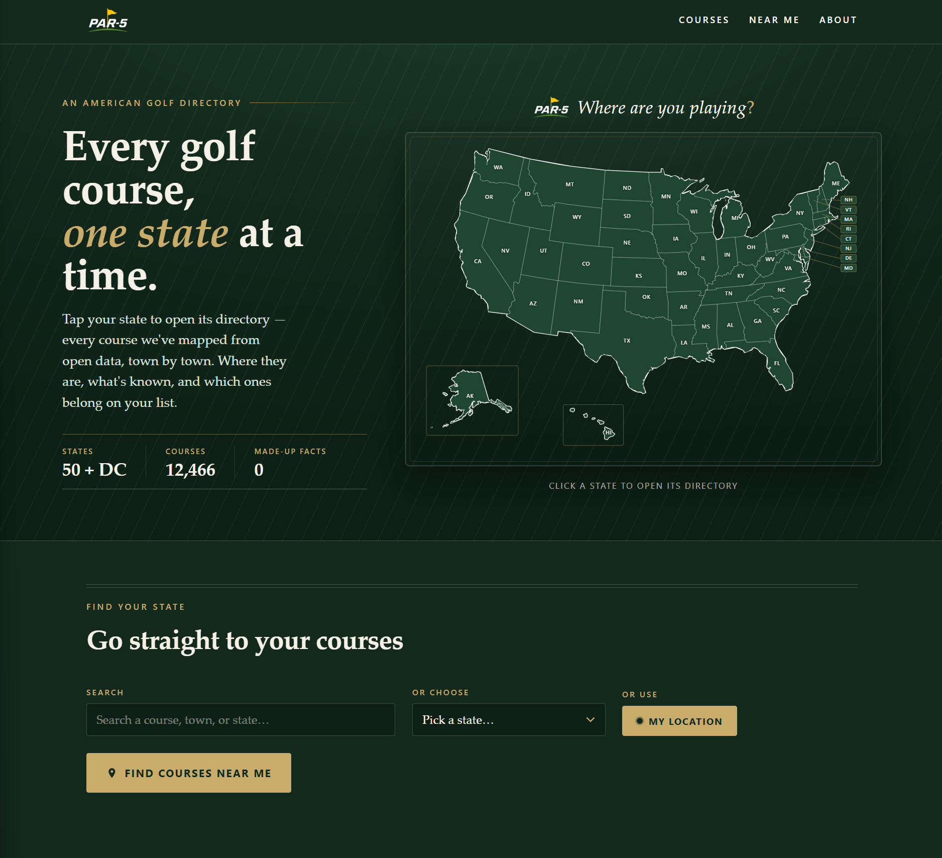 Par-5 golf course directory website screenshot